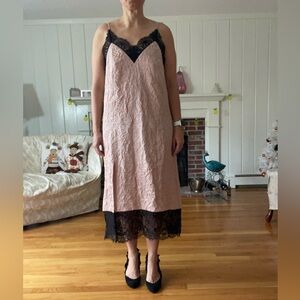 Textured Pink Slip Dress with Black Lace Trim